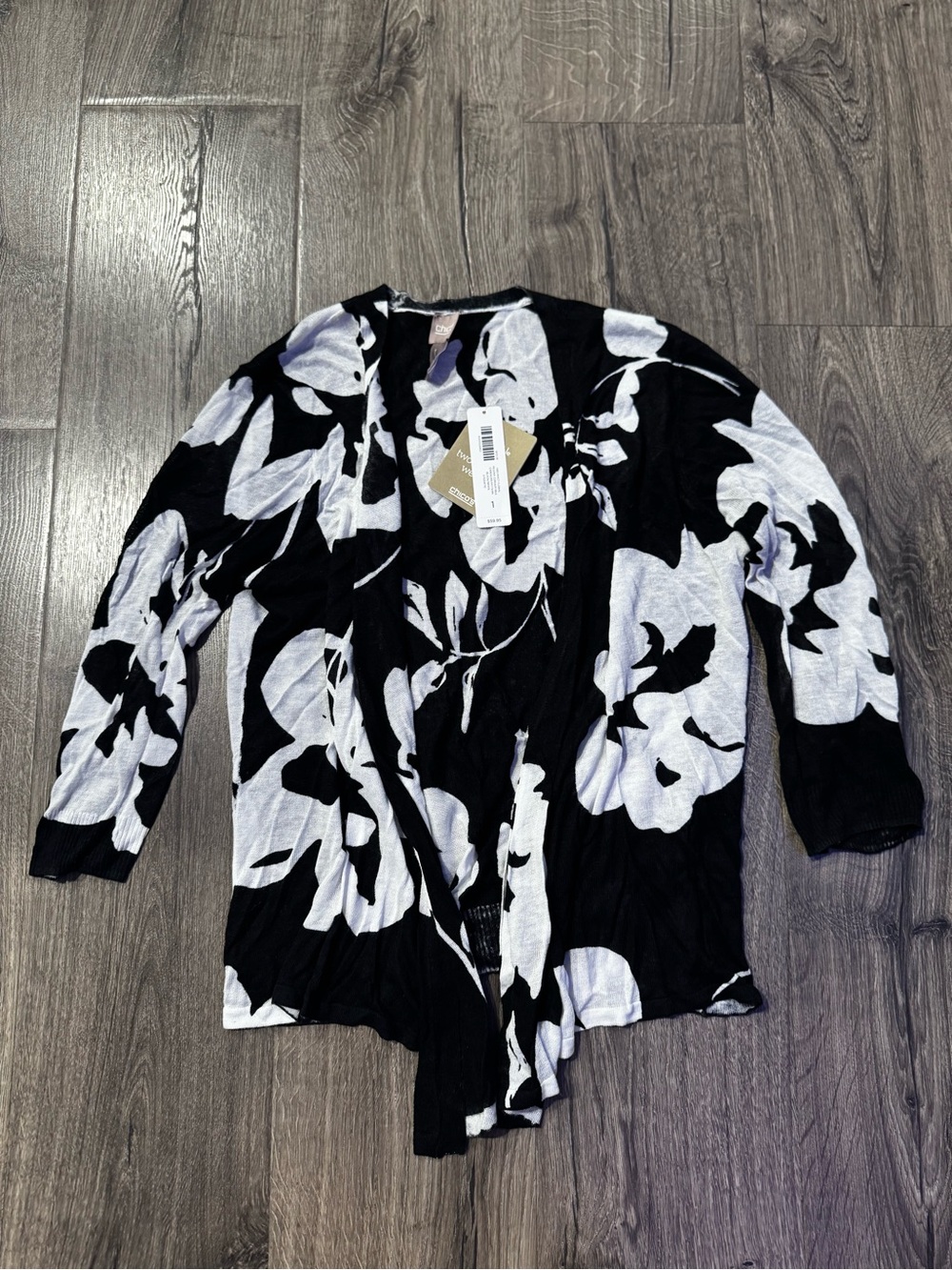 Chico’s New Black & White Floral Open Front Cardigan size 1 women medium